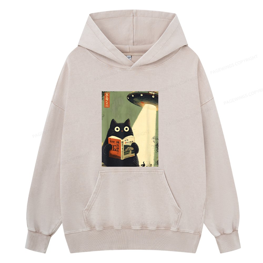 Pagewings Vintage Japanese Cat Book Lovers Unisex Washed Hoodie
