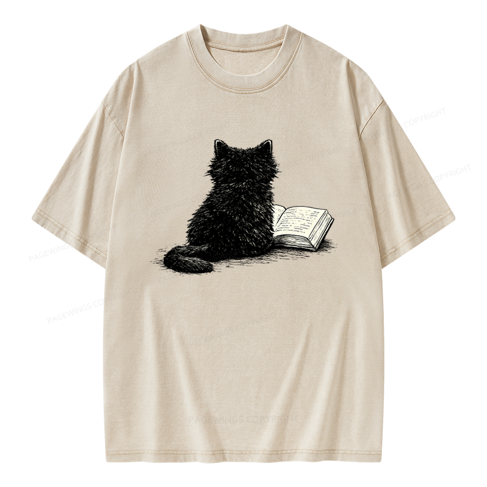 Pagewings Reading Cat Book Lover Unisex Washed T-shirt