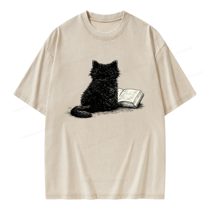 Pagewings Reading Cat Book Lover Unisex Washed T-shirt