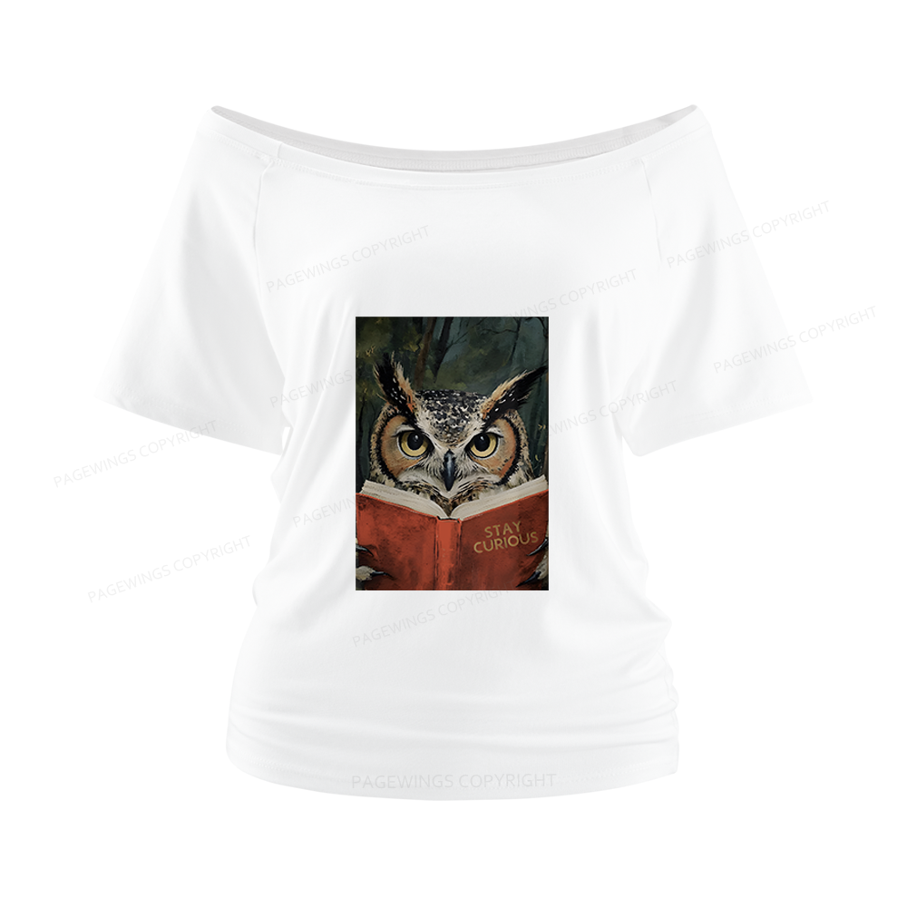 Pagewings Owl Reading Women Off Shoulder T-shirts