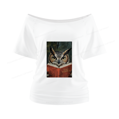 Pagewings Owl Reading Women Off Shoulder T-shirts