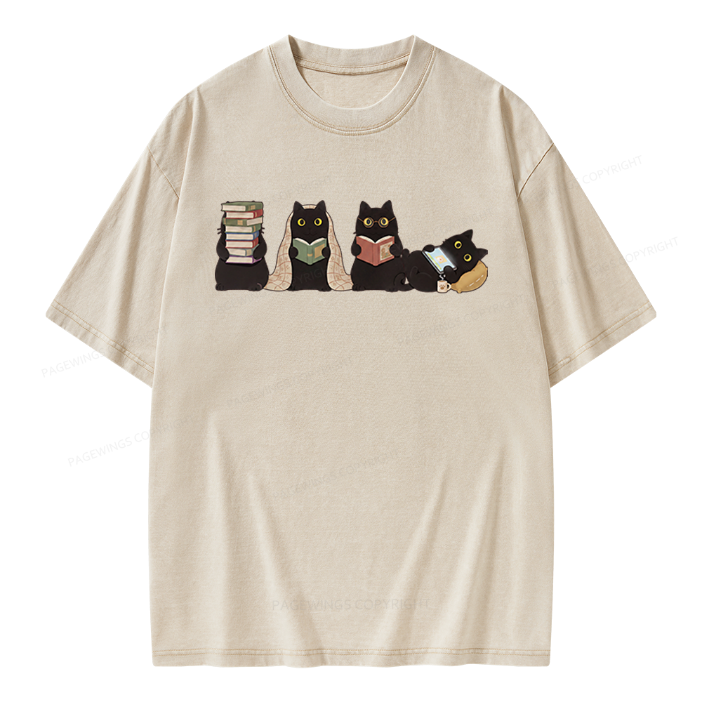 Pagewings Black Cats Reading Unisex Washed T-shirt