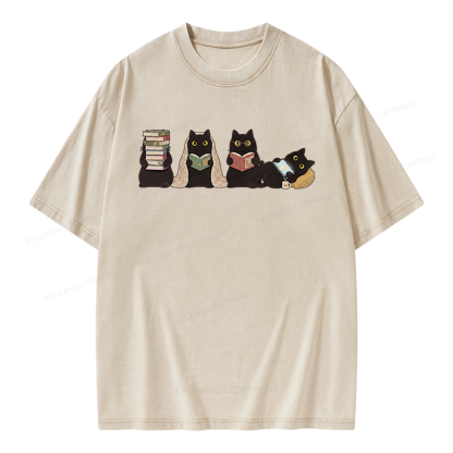 Pagewings Black Cats Reading Unisex Washed T-shirt