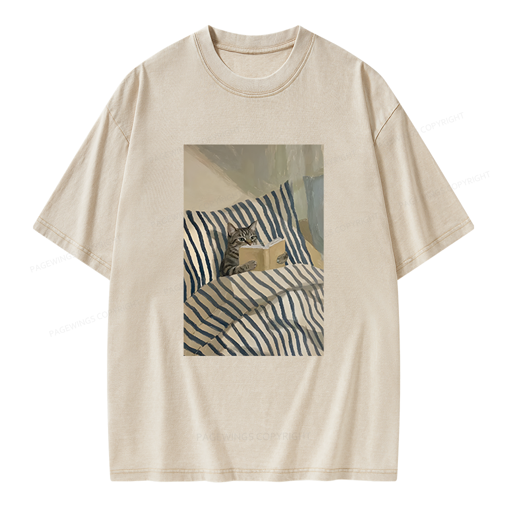 Pagewings Cat Reading Book In Bed Unisex Washed T-shirt