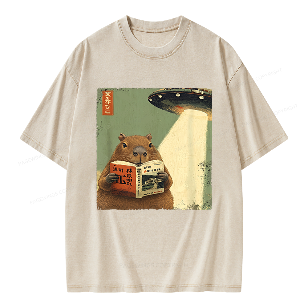Pagewings Capybara Book Lovers Unisex Washed T-shirt
