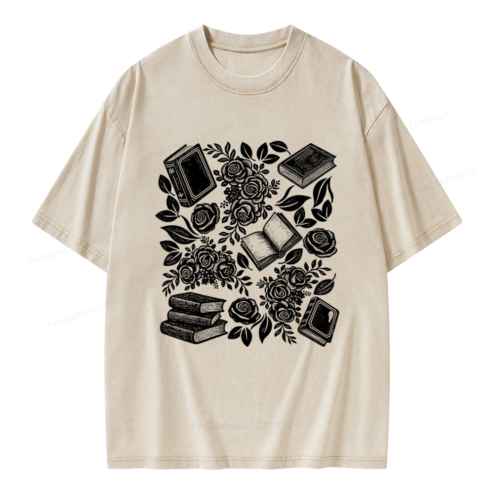 Pagewings Books and Flowers Unisex Washed T-shirt