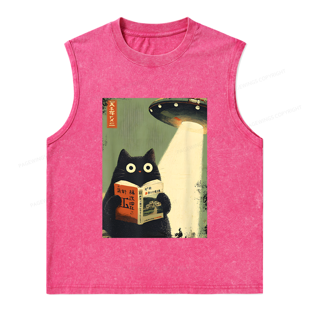 Pagewings Vintage Cat Book Lovers Unisex Washed Tank Top