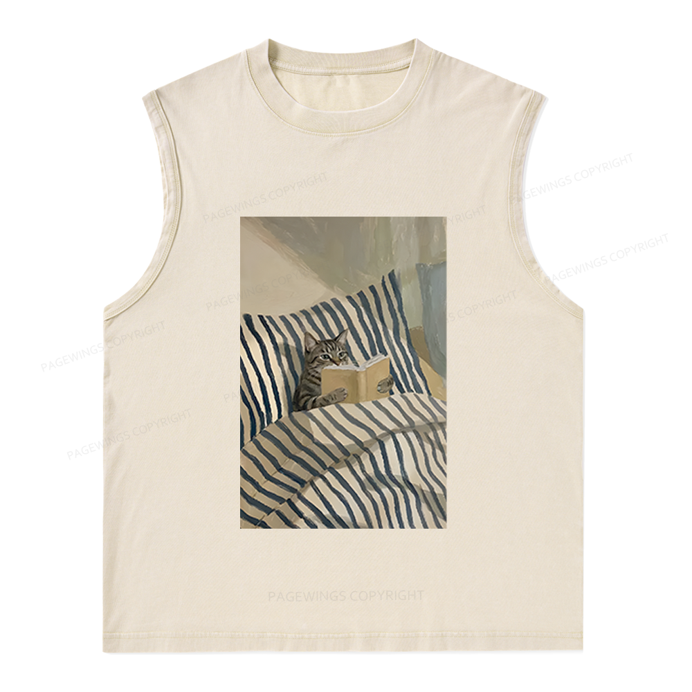 Pagewings Cat Reading Book Unisex Washed Tank Top
