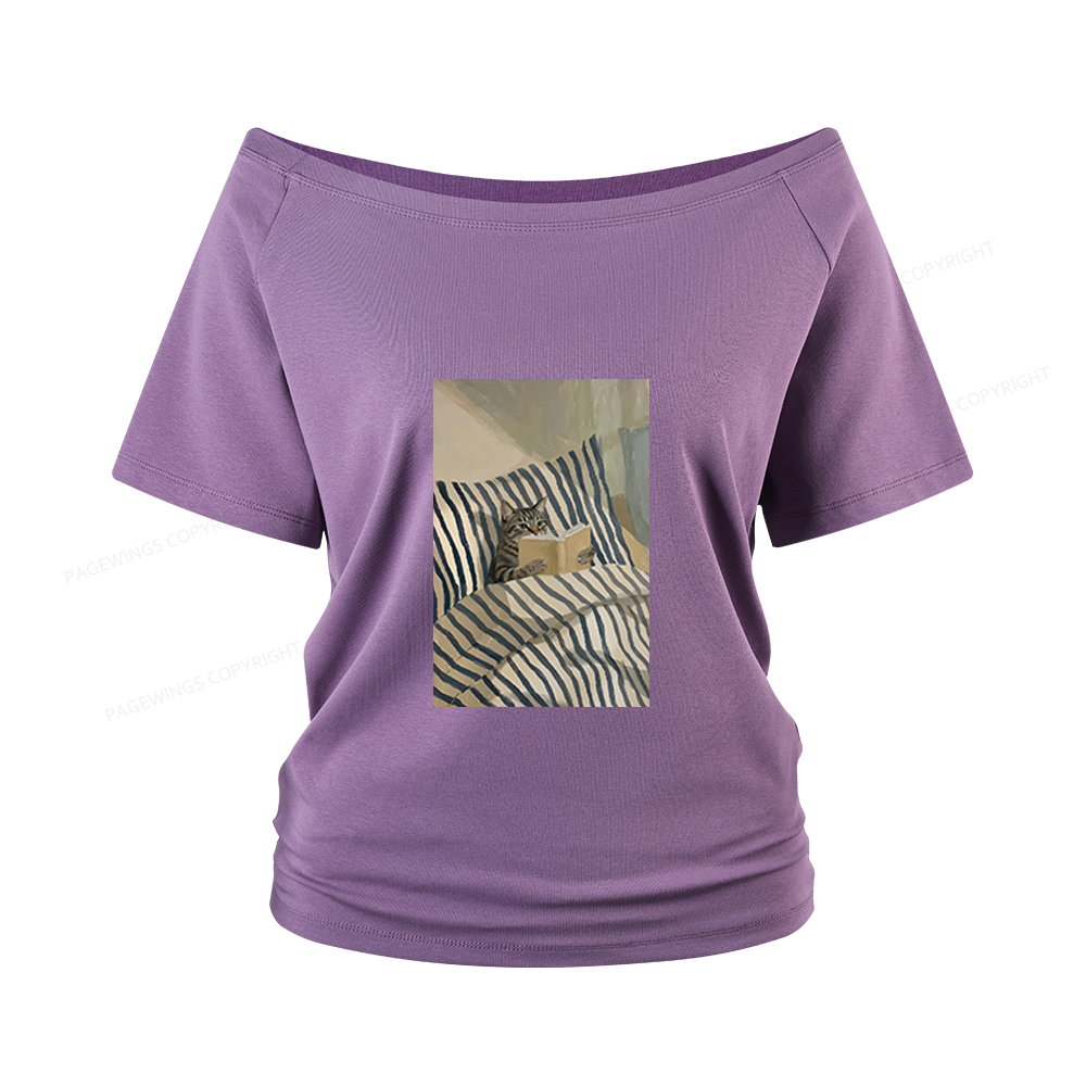 Pagewings Cat Reading Women Off Shoulder T-shirts
