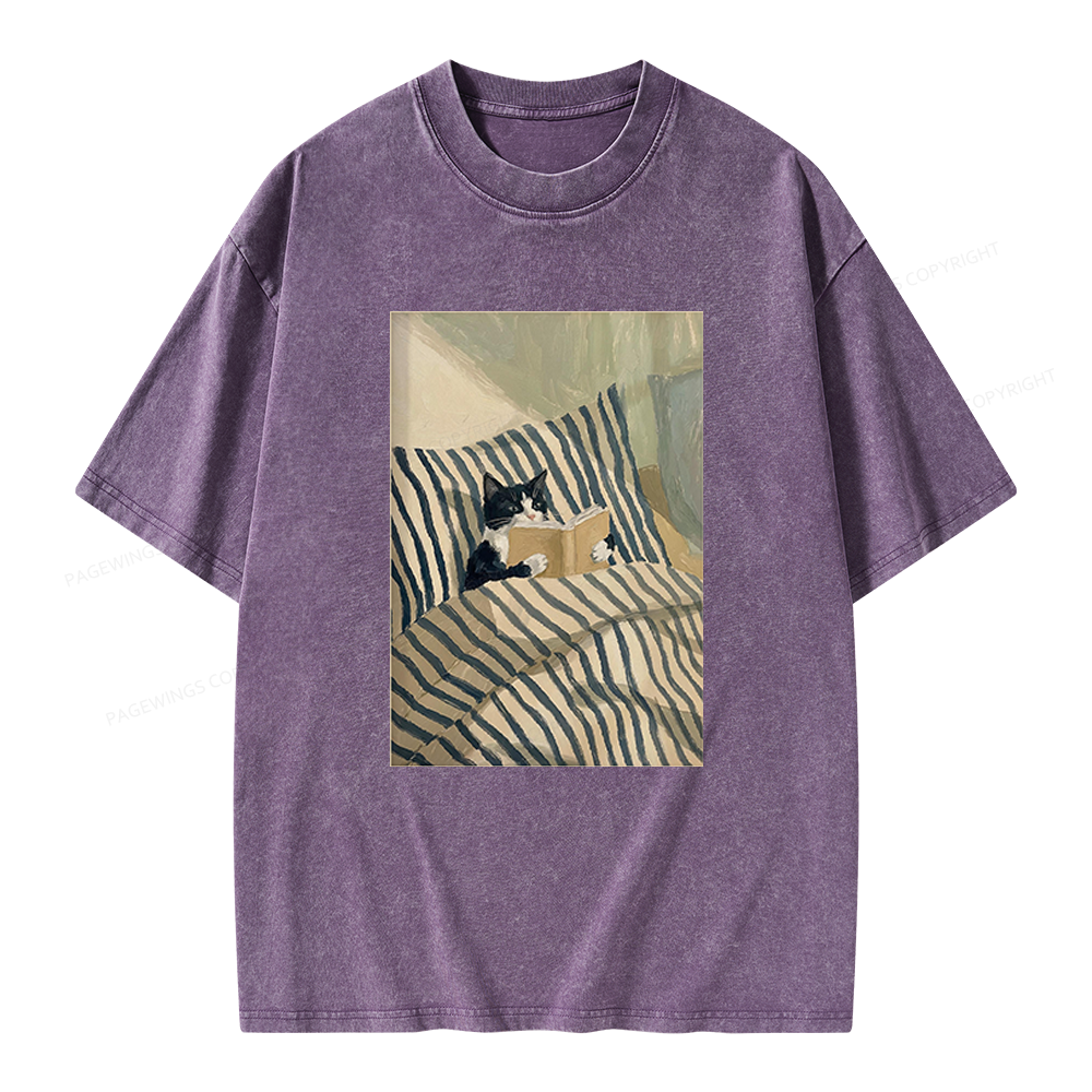 Pagewings Cat Reading Book Unisex Washed T-shirt