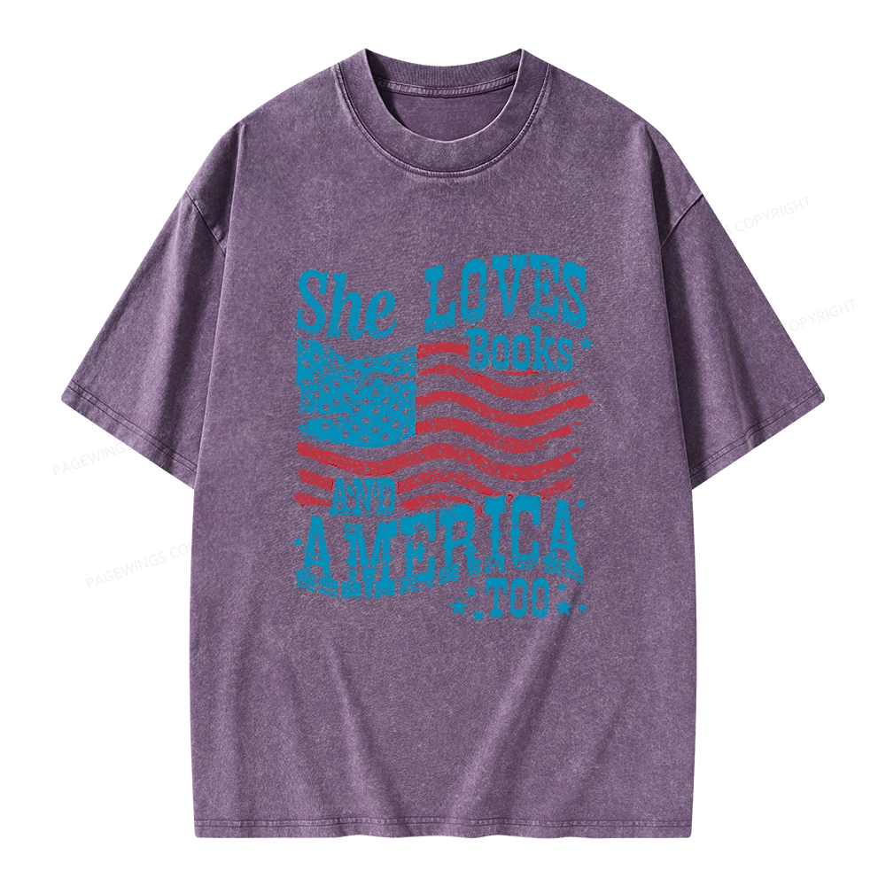 Pagewings She Loves Books And America Too Unisex Washed T-shirt