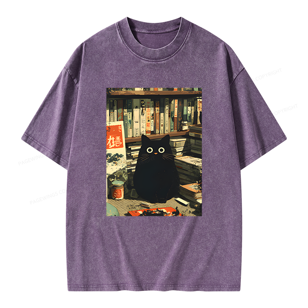 Pagewings Vintage Cat Book Lovers Unisex Washed T-shirt