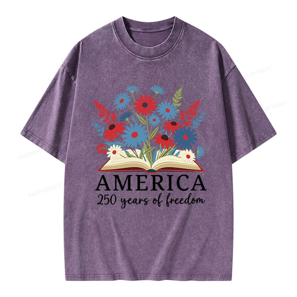 Pagewings Floral Patriotic America 250 Unisex Washed T-shirt