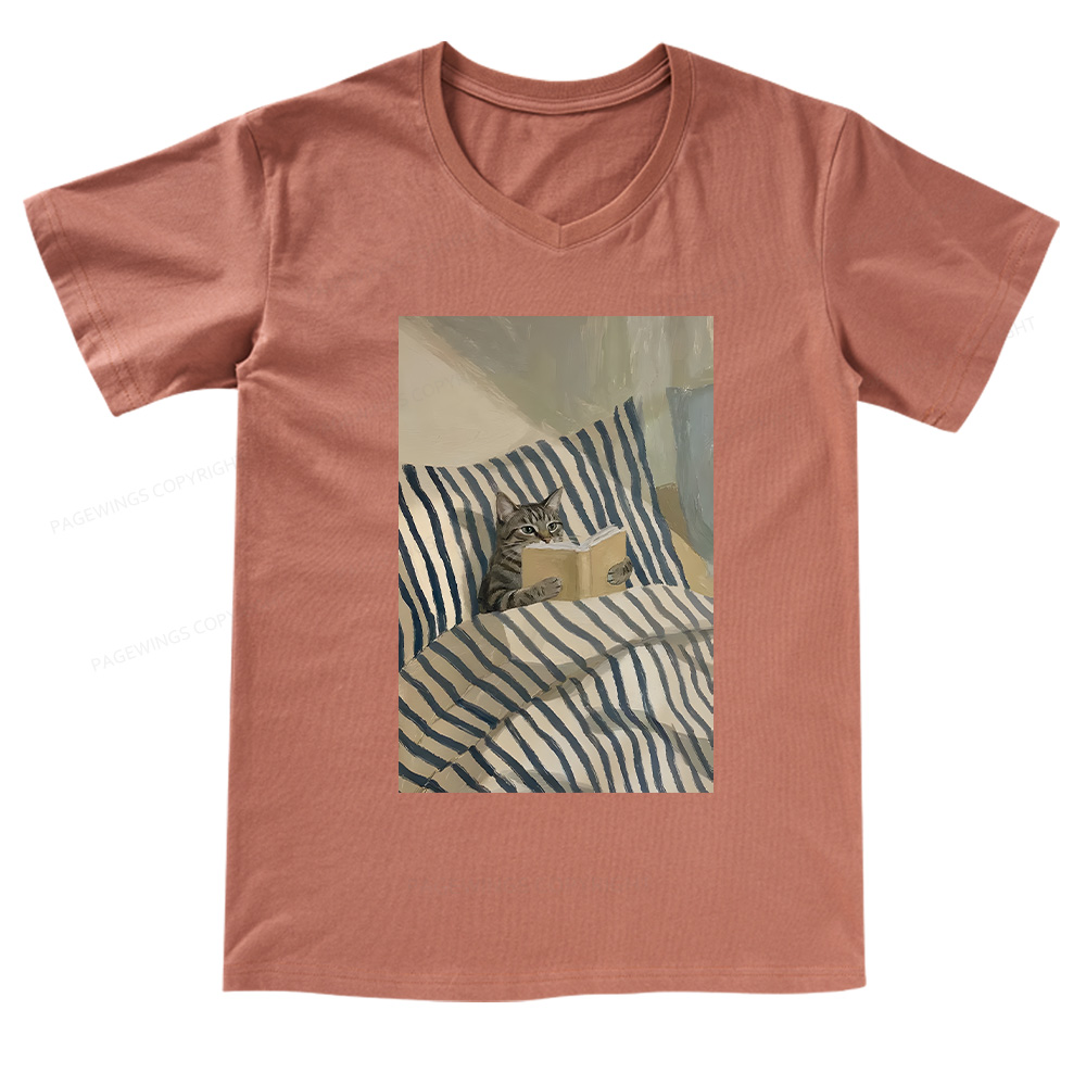 Pagewings Cat Reading Book In Bed V-neck T-shirt