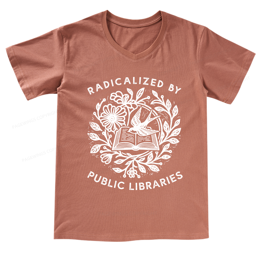 Pagewings Radicalized By Public Libraries V-neck T-shirt