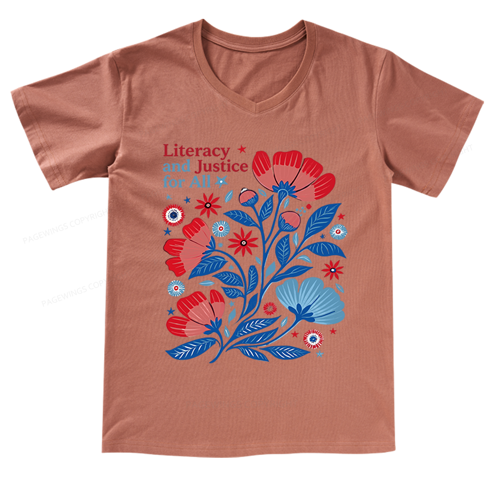 Pagewings Literacy and Justice for All V-neck T-shirt