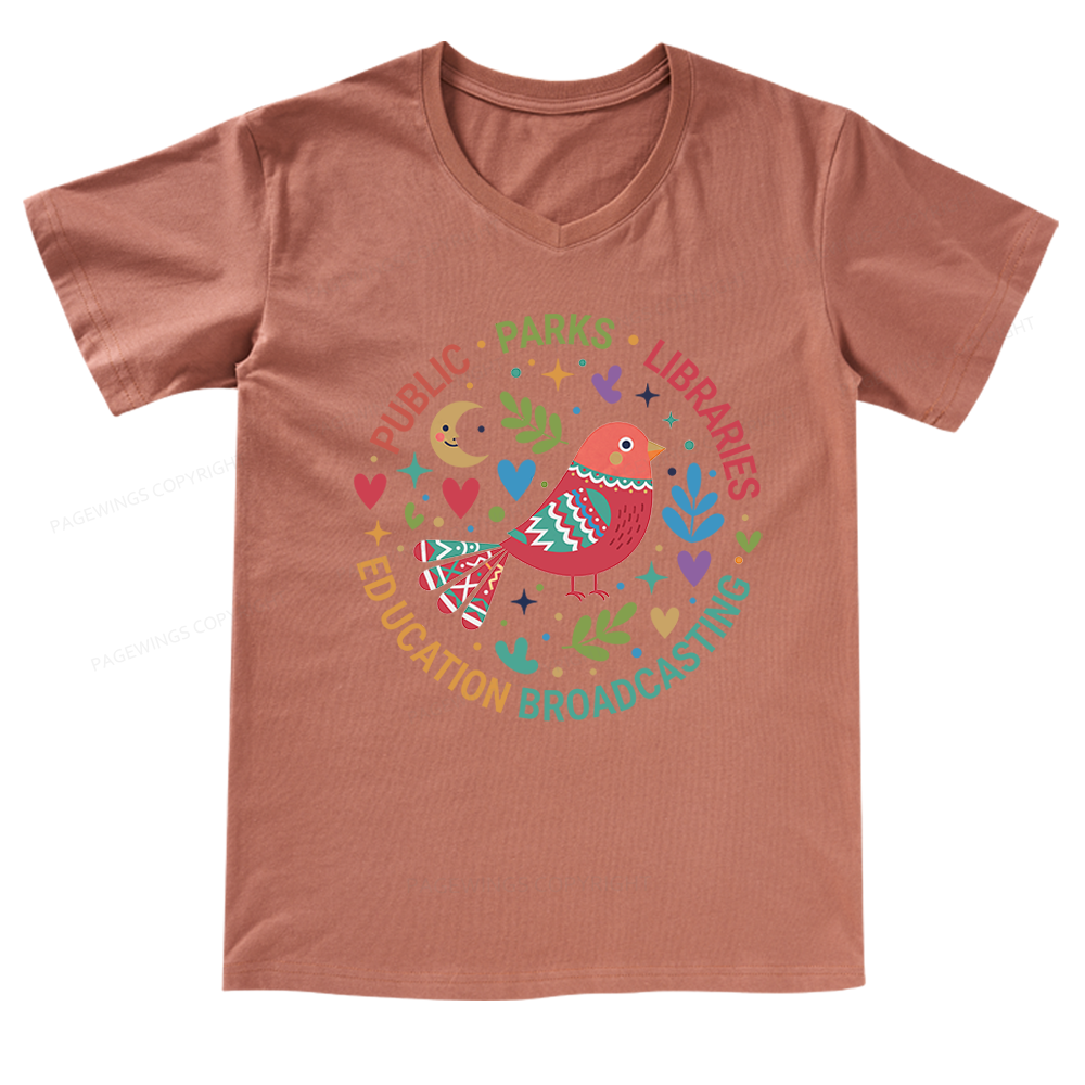 Pagewings Public Parks Libraries Education Broadcasting V-neck T-shirt