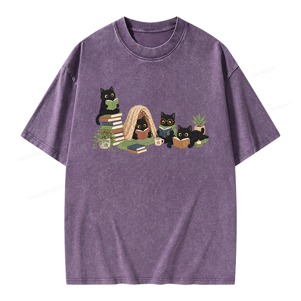 Pagewings Black Cat Reading Unisex Washed T-shirt