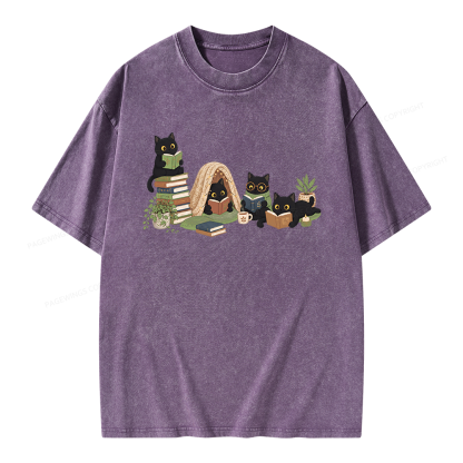 Pagewings Black Cat Reading Unisex Washed T-shirt