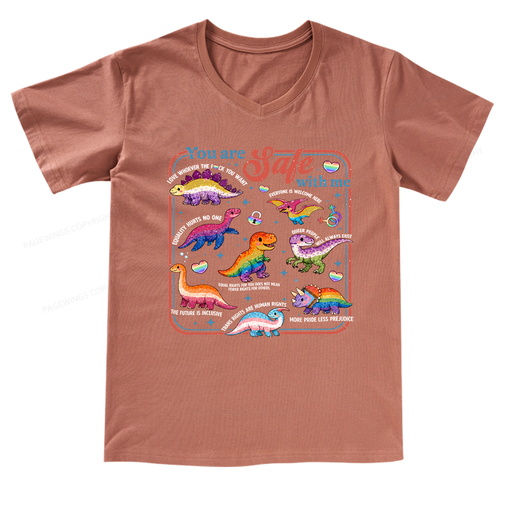 Pagewings Dinosaur Rainbow V-neck T-shirt