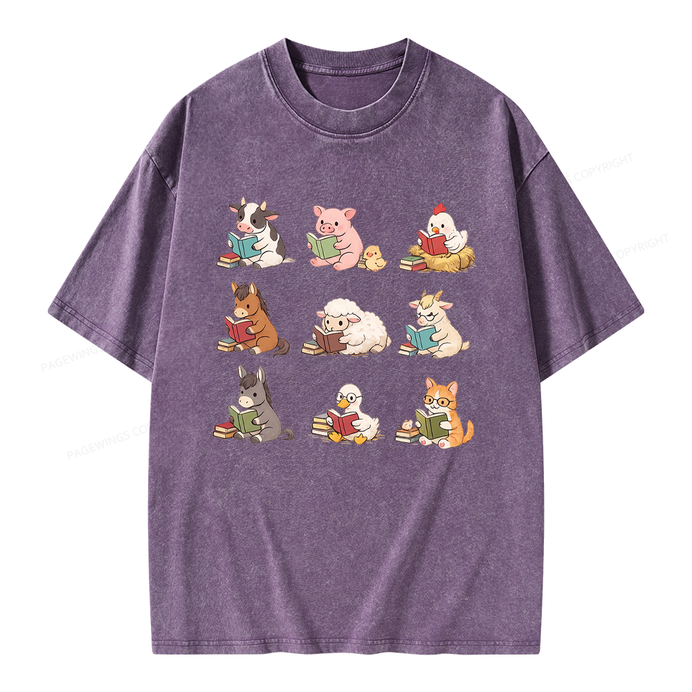 Pagewing Farm Animals Reading Unisex Washed T-shirt