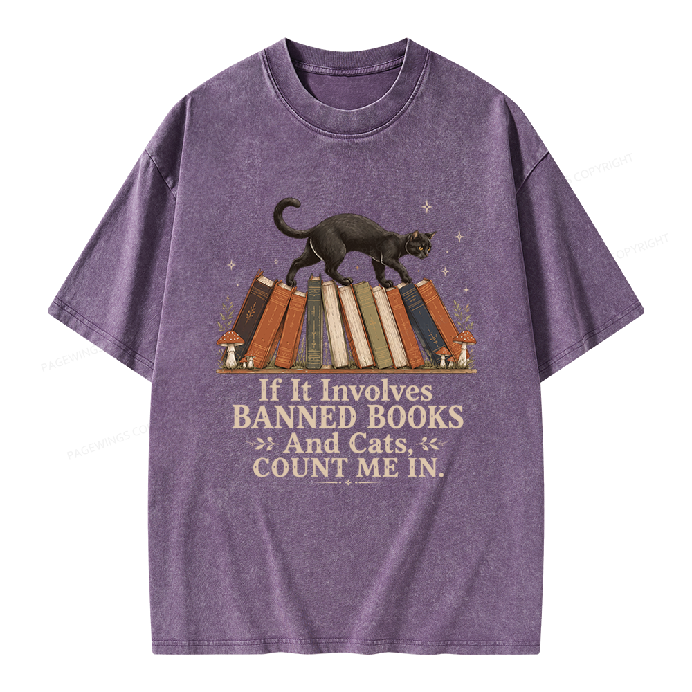 Pagewing Cat Read Banned Books Unisex Washed T-shirt