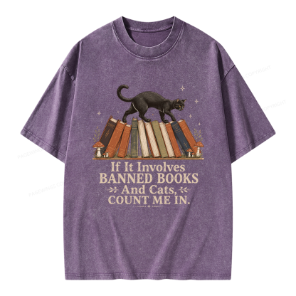 Pagewing Cat Read Banned Books Unisex Washed T-shirt