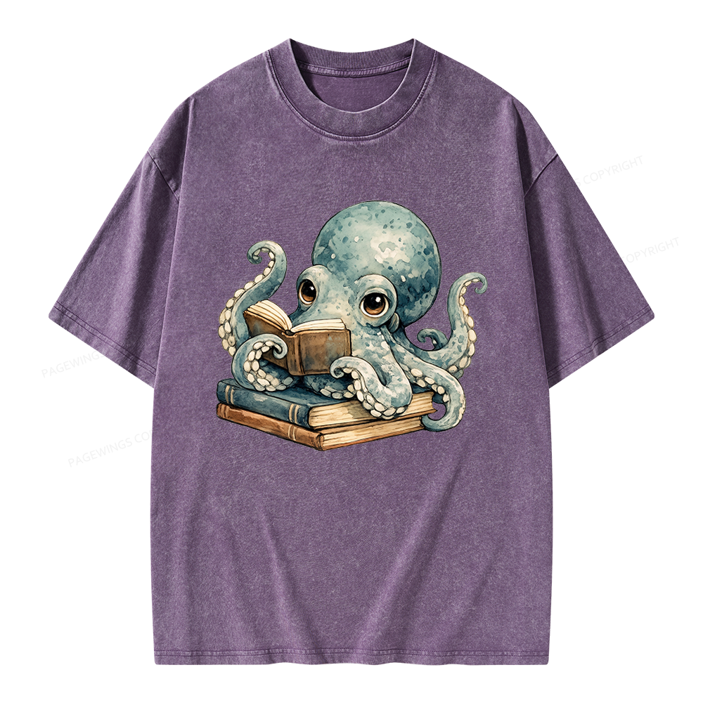 Pagewing Octopus Book Lover Unisex Washed T-shirt