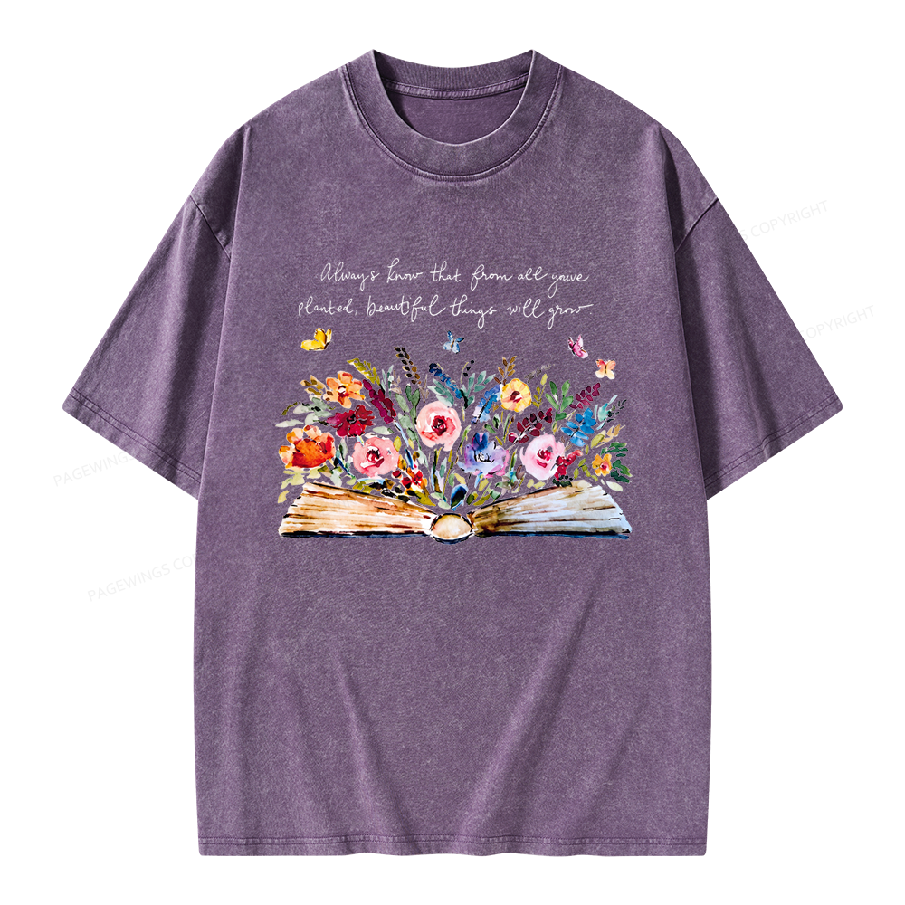Pagewing Floral Book Unisex Washed T-shirt