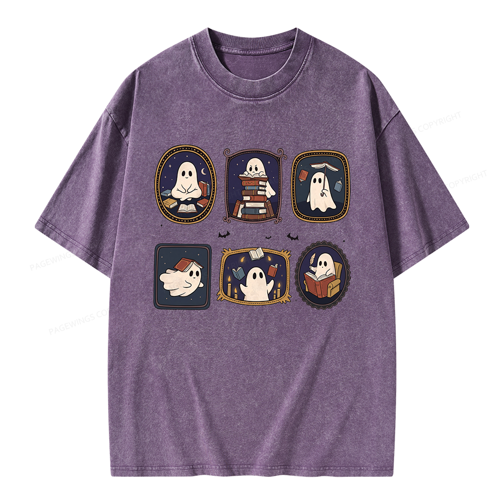 Pagewings Ghost Reading Book Unisex Washed T-shirt