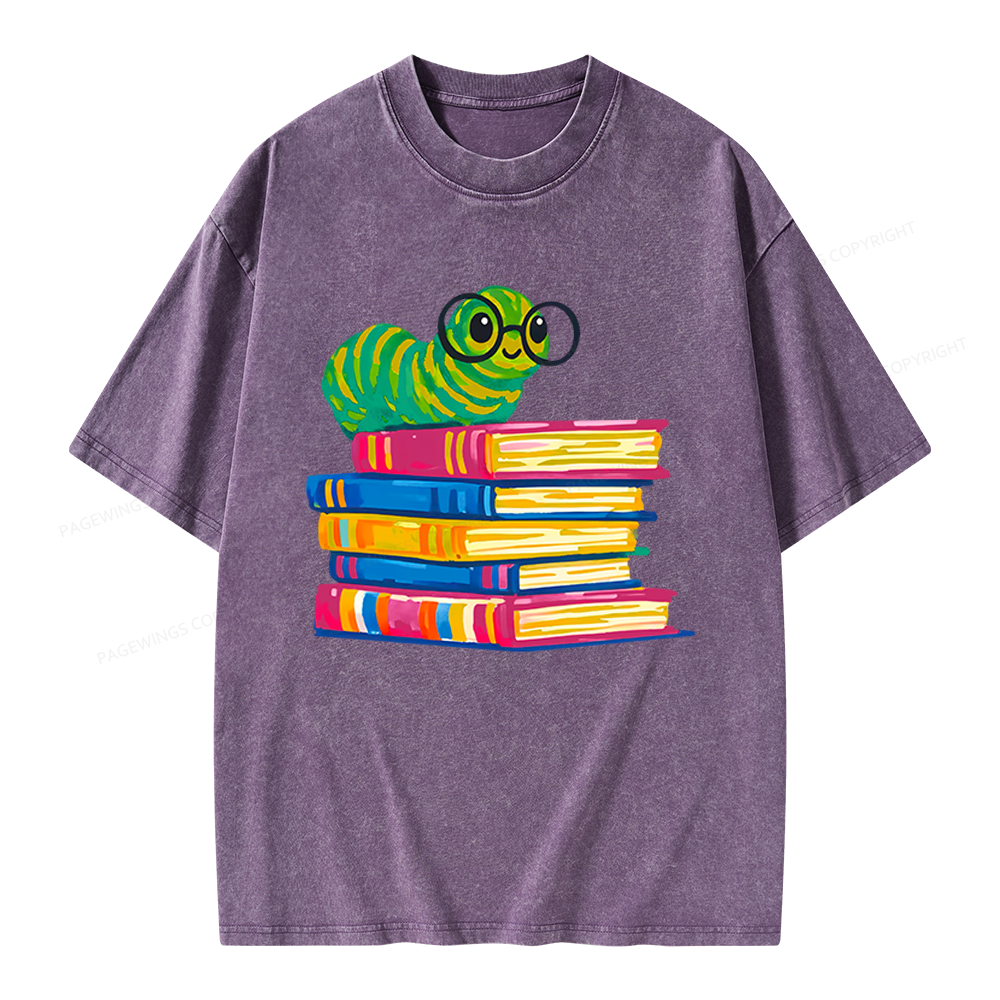Pagewings Cute Reading Worm Unisex Washed T-shirt