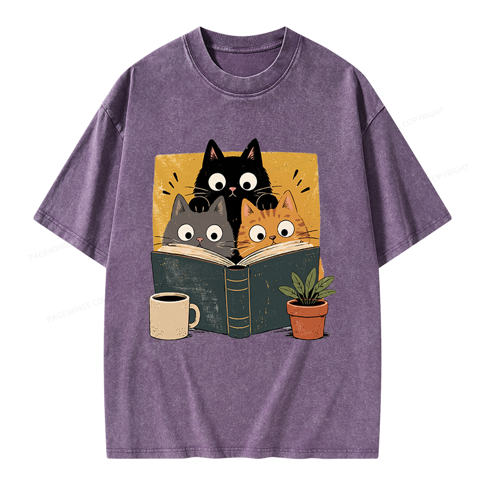 Pagewings Retro Curious Reading Cats Unisex Washed T-shirt