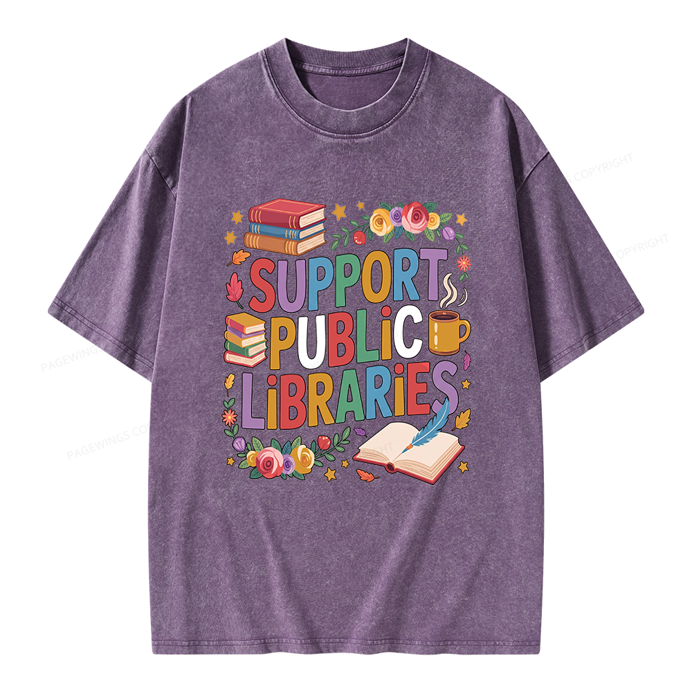 Pagewings Support Public Libraries Unisex Washed T-shirt