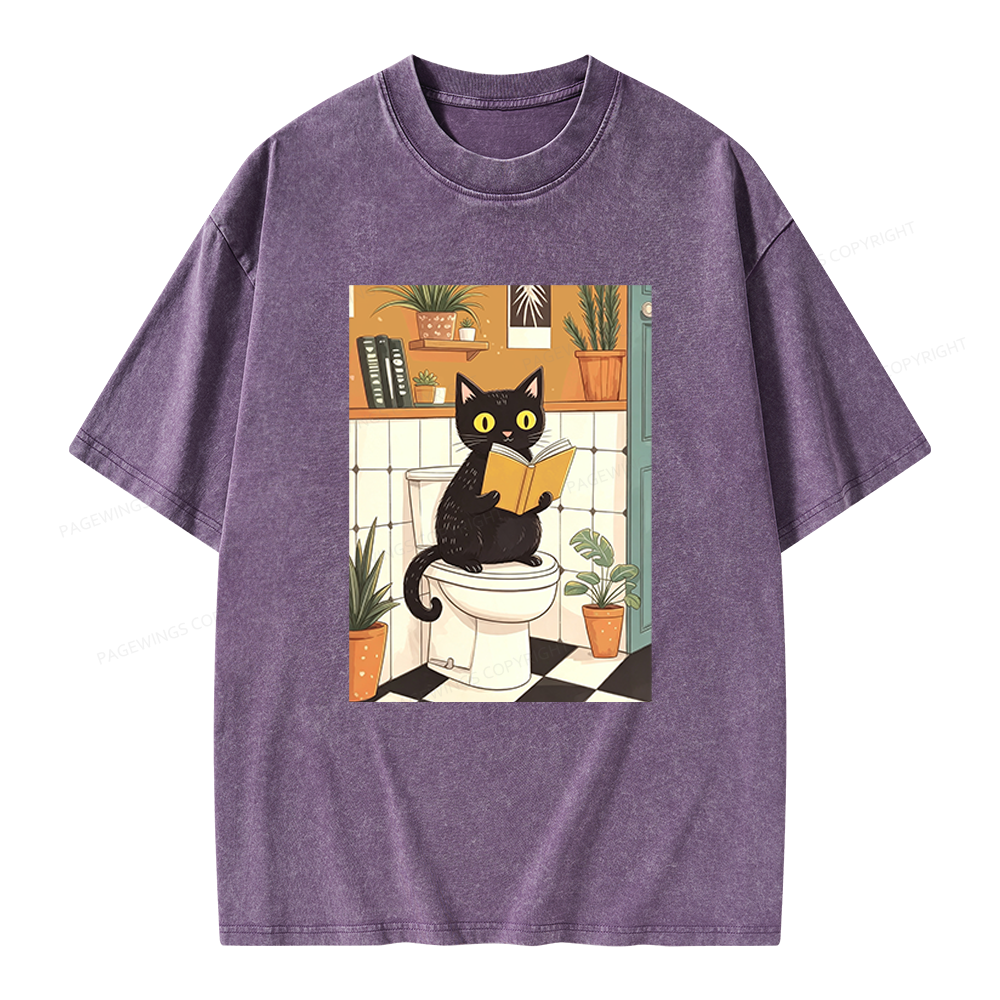 Pagewings Cat Reading on Toilet Unisex Washed T-shirt