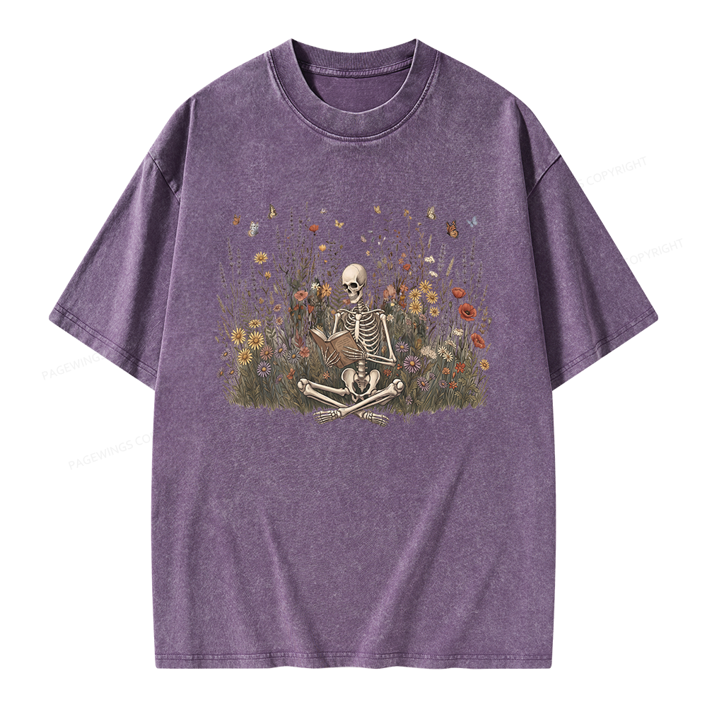 Pagewings Skeleton Reading Book Unisex Washed T-shirt