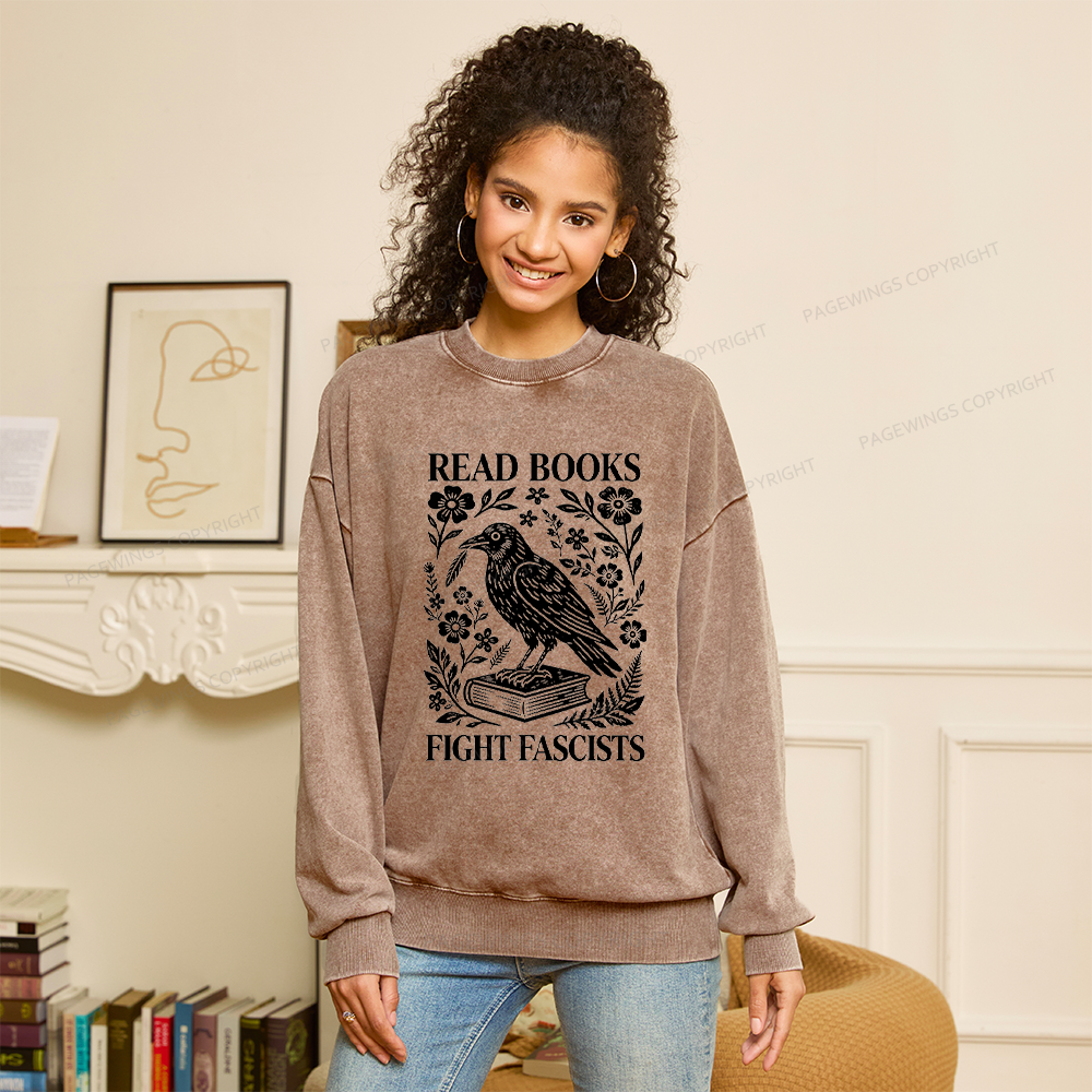 Pagewings Read Books Fight Fascists Unisex Washed Sweatshirt
