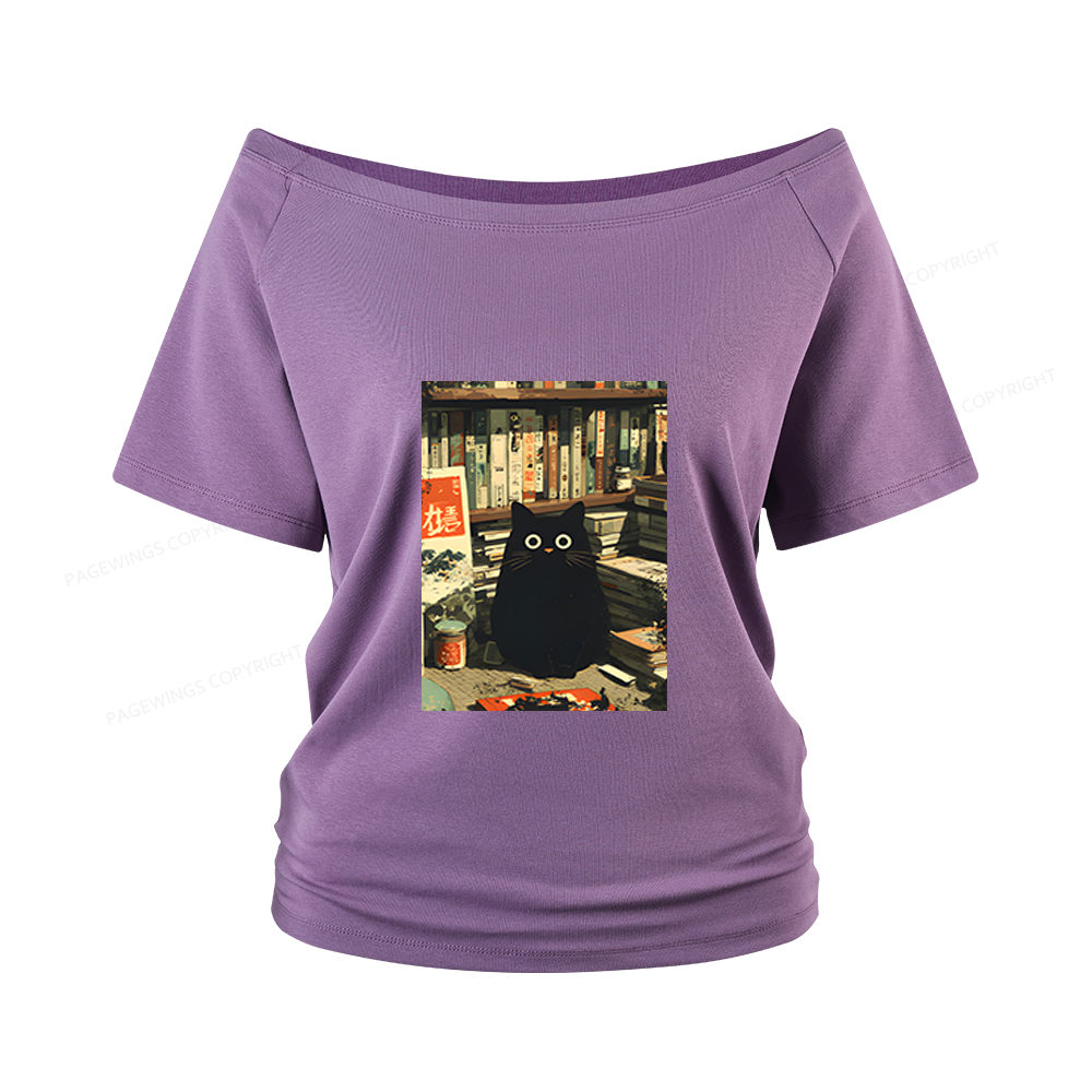 Pagewings Vintage Cat Book Lovers Women Off Shoulder T-shirts