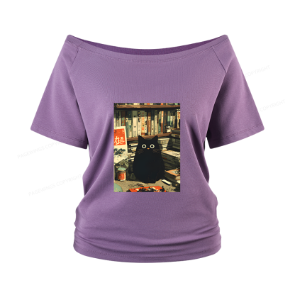 Pagewings Vintage Cat Book Lovers Women Off Shoulder T-shirts
