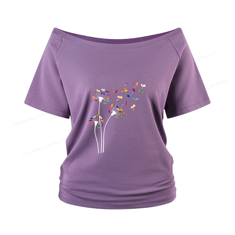 Pagewings Cute Dandelion Books Flower Fly Women Off Shoulder T-shirts