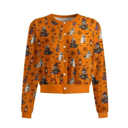 Pagewings Halloween Raccoon Book Lovers Crew Neck Cardigan Sweaters