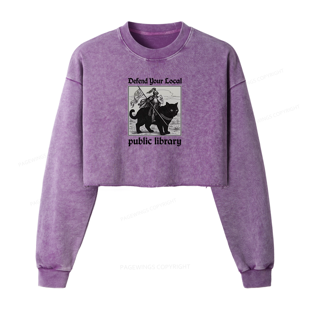 Pagewings Defend Your Local public library Women Washed Crop Sweatshirt