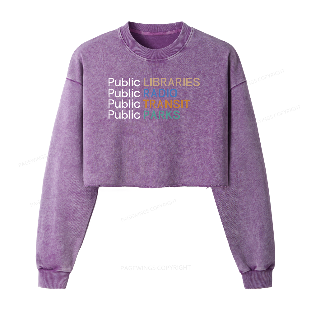 Pagewings Public Libraries Radio Transit Parks Women Washed Crop Sweatshirt
