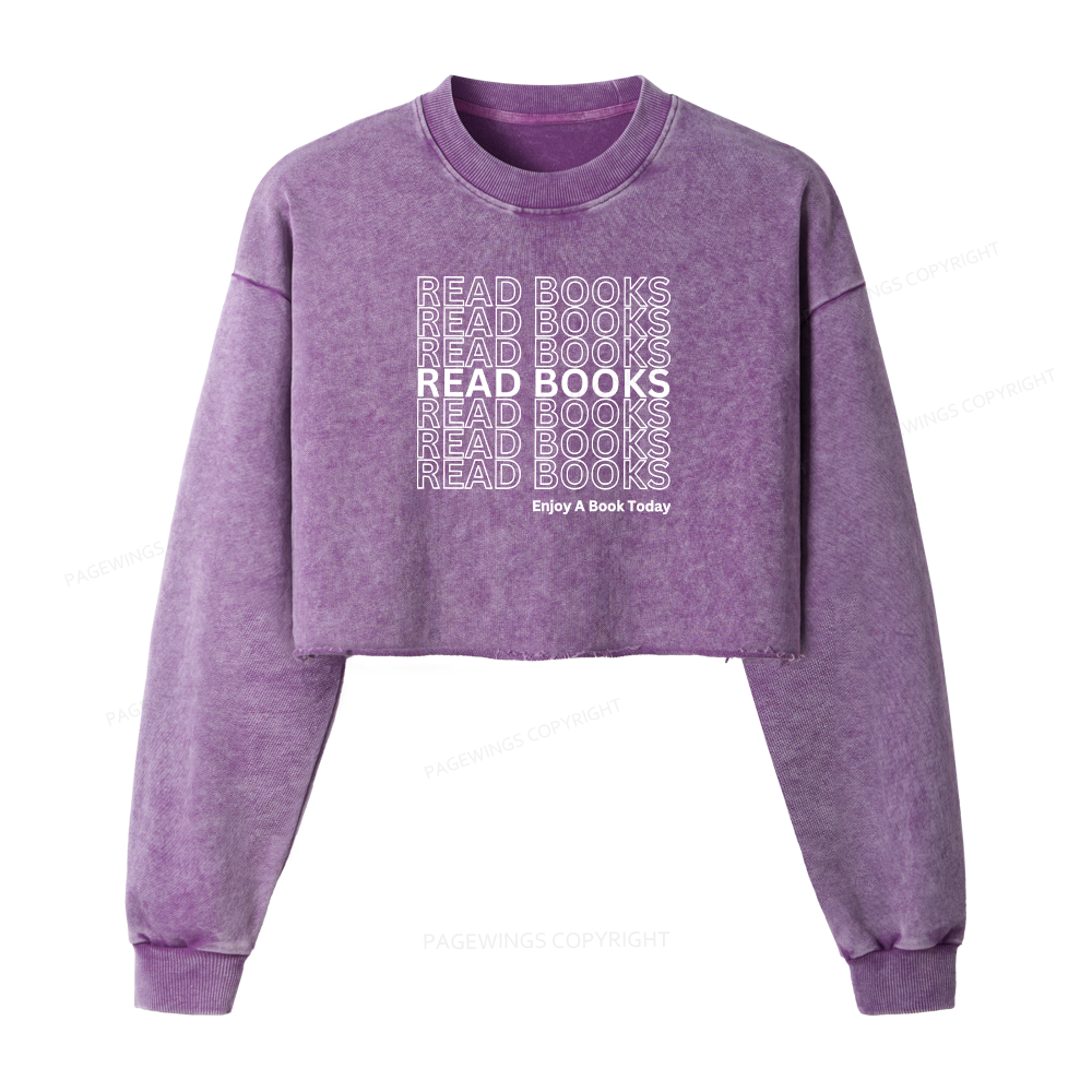 Pagewings Read Books Librarian Women Washed Crop Sweatshirt