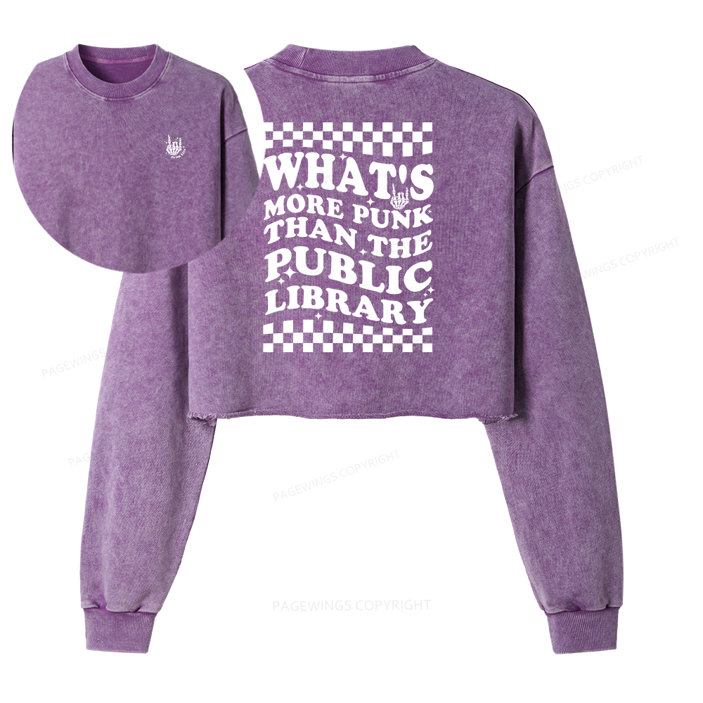 Pagewings Punk The Public Library Women Washed Crop Sweatshirt