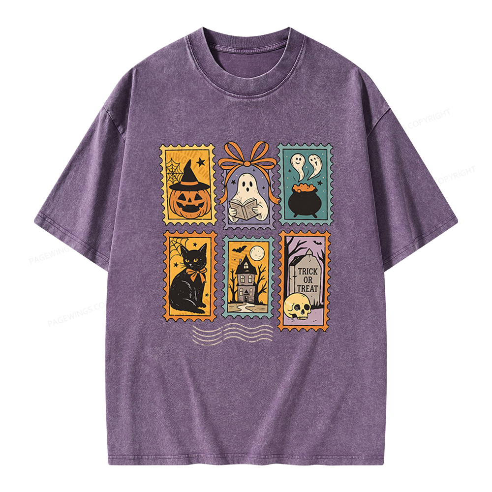 Pagewings Halloween Cute Ghost Pumpkin Cat Unisex Washed T-shirt