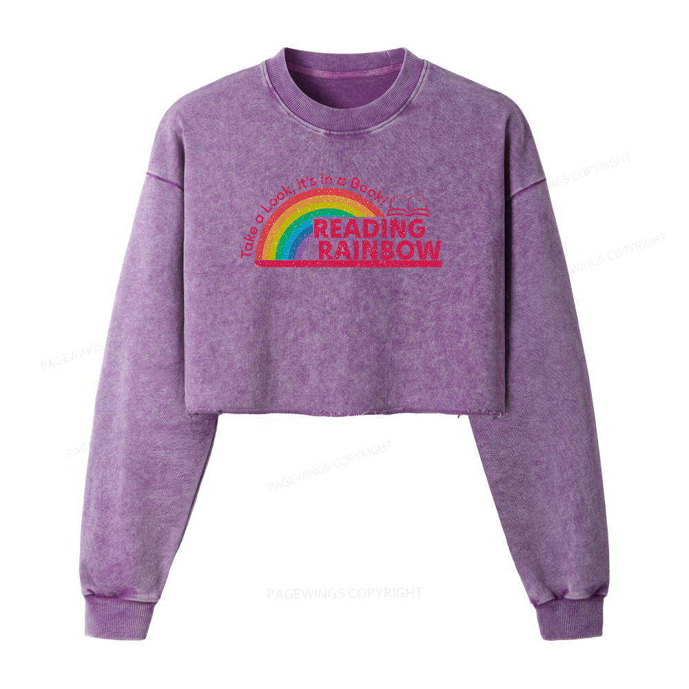 Pagewings Reading With Rainbow Women Washed Crop Sweatshirt