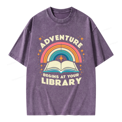 Pagewings Adventure Begins At Your Library Unisex Washed T-shirt