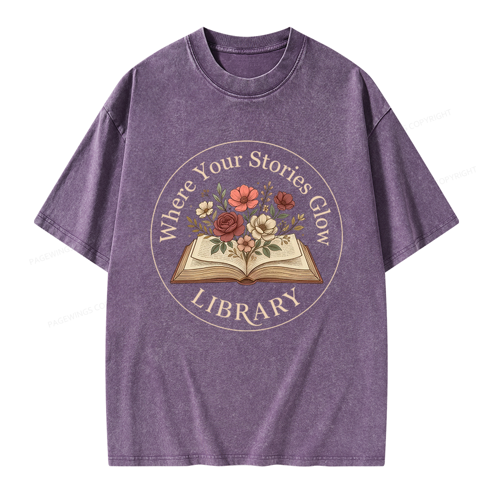 Pagewings Where Your Stories Glow Library Unisex Washed T-shirt