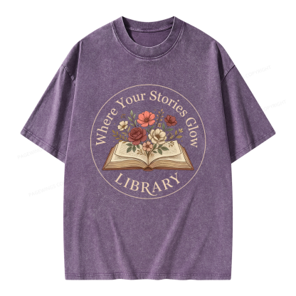 Pagewings Where Your Stories Glow Library Unisex Washed T-shirt