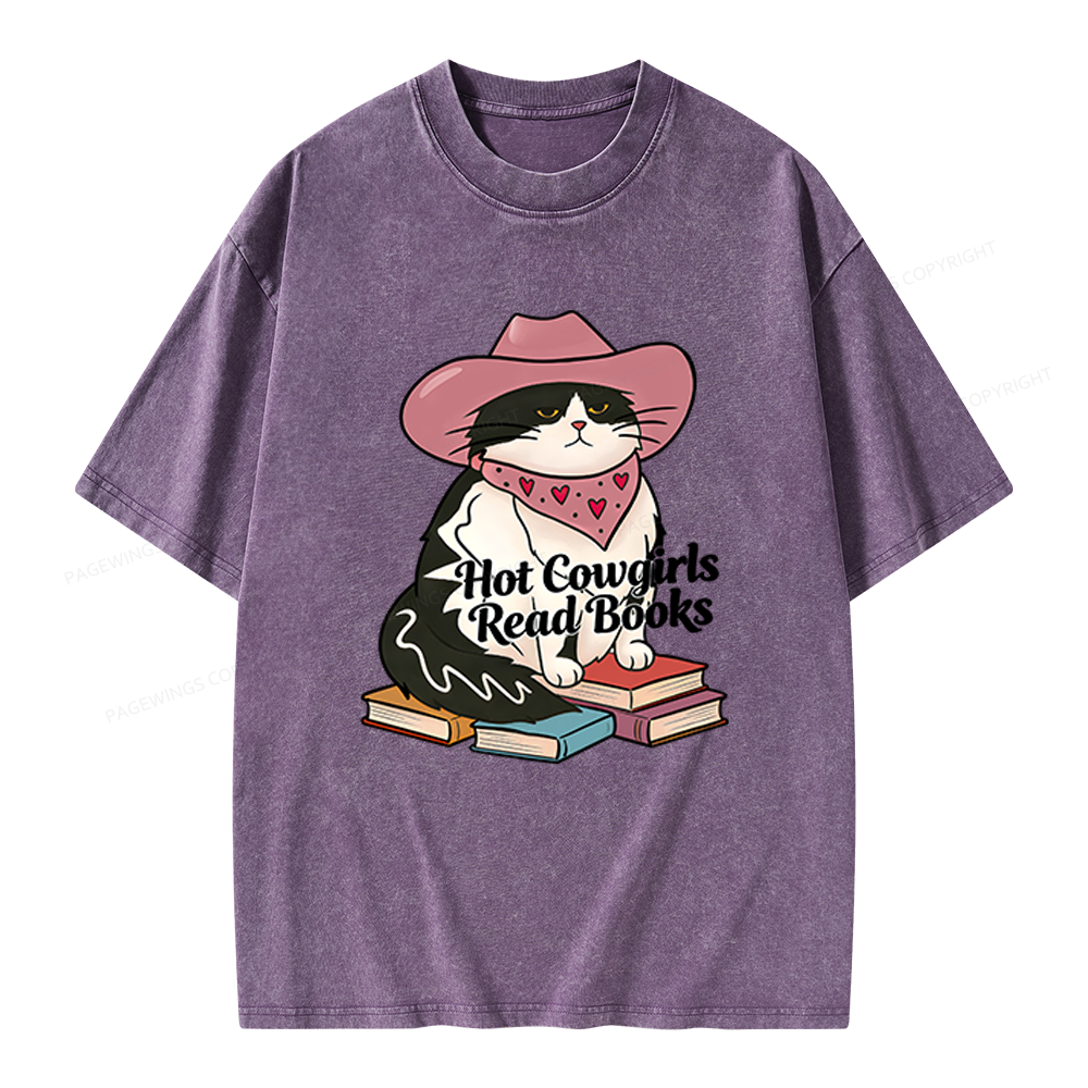 Pagewings Hot Cowgirls Read Books Unisex Washed T-shirt